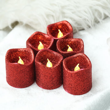 12 Pack Red Glittered Flameless LED Votive Candles, Battery Operated Reusable Candles