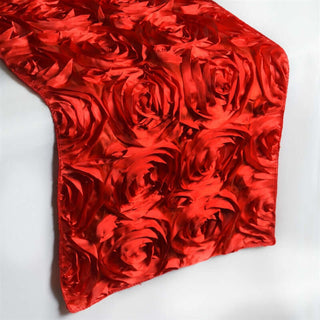 Add Elegance to Your Event with the Red Grandiose Rosette Satin Table Runner Add Elegance to Your Event with the Red Grandiose Rosette Satin Table Runner