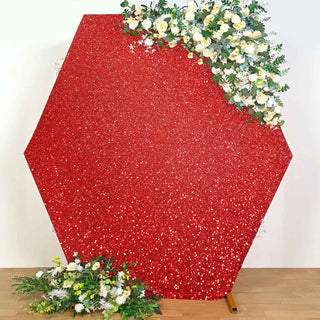 Add a Touch of Glamour to Your Event with the 8ftx7ft Red Metallic Shimmer Tinsel Spandex Hexagon Wedding Arbor Cover