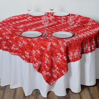 Elegant Red 3D Mini Rosette Satin Square Table Overlay