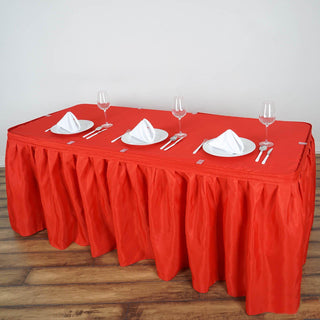 Add Elegance to Your Event with the 14ft Red Pleated Polyester Table Skirt