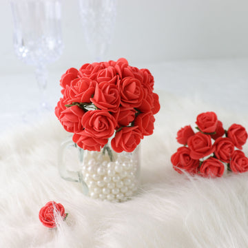 48 Roses 1" Red Real Touch Artificial DIY Foam Rose Flowers With Stem, Craft Rose Buds