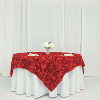 Create Unforgettable Events with Our Red 3D Rosette Satin Table Overlay Create Unforgettable Events with Our Red 3D Rosette Satin Table Overlay