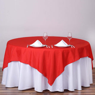 Add Elegance to Your Event with a Red 90"x90" Square Polyester Table Overlay Add Elegance to Your Event with a Red 90"x90" Square Polyester Table Overlay