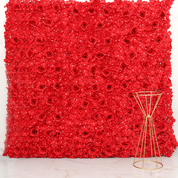 11 Sq ft. Red 3D Silk Rose and Hydrangea Flower Wall Mat Backdrop - 4 Artificial Panels