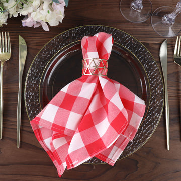 5 Pack Red White Buffalo Plaid Cloth Dinner Napkins, Gingham Style 15"x15"