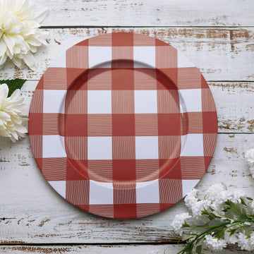 4 Pack 13" Red White Buffalo Plaid Metal Charger Plates, Checkered Picnic Dinner Charger Plates