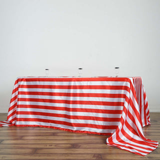 Add Elegance to Your Event with the Red/White Seamless Stripe Satin Rectangle Tablecloth Add Elegance to Your Event with the Red/White Seamless Stripe Satin Rectangle Tablecloth
