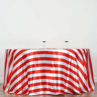 120" Red / White Seamless Stripe Satin Round Tablecloth 120" Red / White Seamless Stripe Satin Round Tablecloth