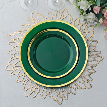 10 Pack Regal 7" Hunter Emerald Green and Gold Plastic Dessert Plates, Round Appetizer Salad Plates