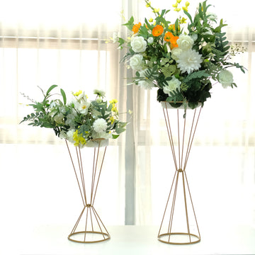 Set of 2 Reversible Gold Metal Geometric Flower Stands, Wedding Vase Pedestals, Columns Centerpiece - 20" 27"