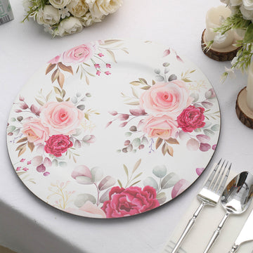 6 Pack 13" Rose Flower Design Plastic Charger Plates, Disposable Spring Floral Print Serving Trays