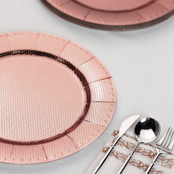 10 Pack Rose Gold Disposable 13" Charger Plates, Cardboard Serving Tray, Round with Glitter Texture Dotted Rims - 1100 GSM