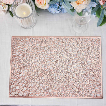 6 Pack 12"x18" Rose Gold Metallic Floral Vinyl Placemats, Non-Slip Rectangle Dining Table Mats