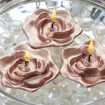 4 Pack 2.5" Rose Gold Rose Flower Floating Candles, Wedding Vase Fillers