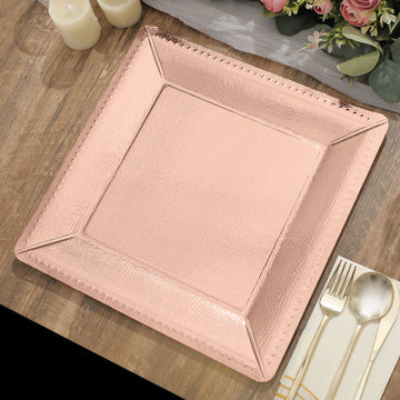 10 Pack 13" Rose Gold Textured Disposable Square Charger Plates, Leather Like Cardboard Serving Trays - 1100 GSM