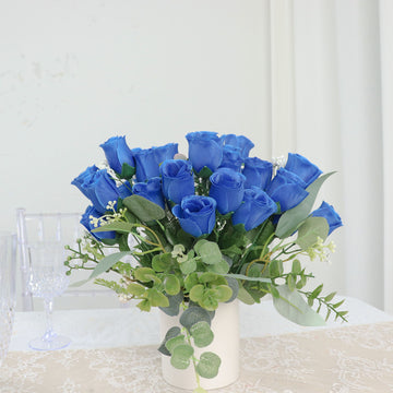 12 Bushes Royal Blue Artificial Premium Silk Flower Rose Bud Bouquets