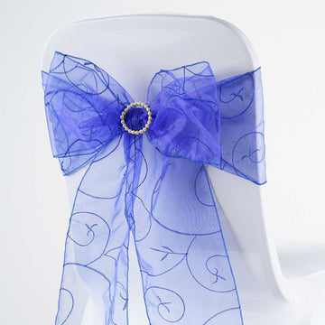 5 Pack 7"x108" Royal Blue Embroidered Organza Chair Sashes