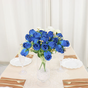 3 Pack 13" Royal Blue Real Touch Silk Rose Bud Flower Bridal Bouquets, Artificial Floral Bush Arrangements