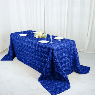 Elevate Your Event with the Royal Blue 90"x132" Seamless Grandiose 3D Rosette Satin Rectangle Tablecloth Elevate Your Event with the Royal Blue 90"x132" Seamless Grandiose 3D Rosette Satin Rectangle Tablecloth