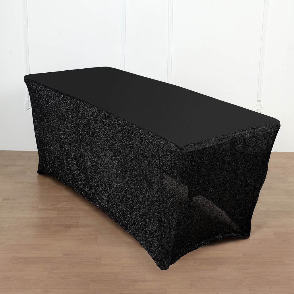 6FT Ruffled Metallic Black Spandex Table Cover With Plain Top