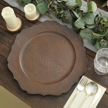 6 Pack 13" Rustic Brown Embossed Wood Grain Acrylic Charger Plates with Scalloped Rim