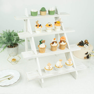 21" Rustic Whitewashed 4-Tier Wooden Ladder Shelf Cupcake Stand, Cascading Stair Step Dessert Display Holder