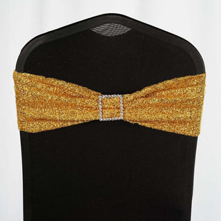 Add a Touch of Glamour with Gold Metallic Shimmer Tinsel Spandex Chair Sashes Add a Touch of Glamour with Gold Metallic Shimmer Tinsel Spandex Chair Sashes