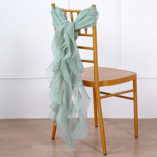 Elevate Your Event Decor with Eucalyptus Sage Chiffon Curly Chair Sashes Elevate Your Event Decor with Eucalyptus Sage Chiffon Curly Chair Sashes