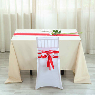 Create a Stunning Ambiance with Red and White Stripe Satin Chair Sashes