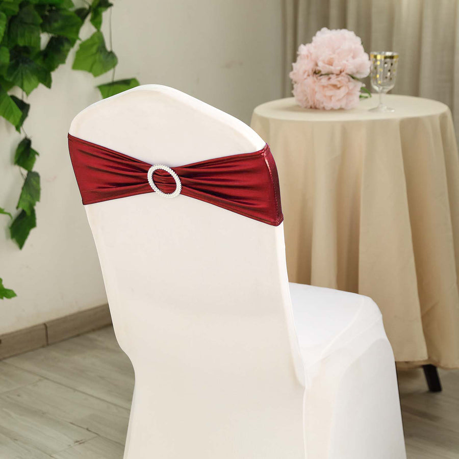 5 pack Metallic Burgundy Spandex Chair Sashes With Attached Round Diamond Buckles