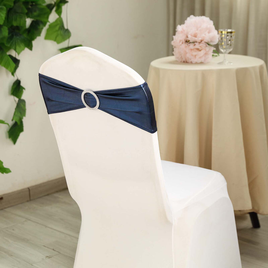 5 pack Metallic Navy Blue Spandex Chair Sashes With Attached Round Diamond Buckles