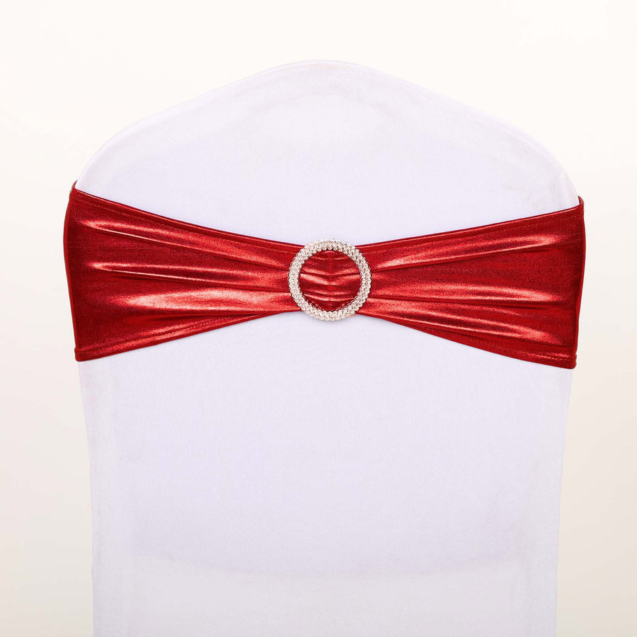 5 pack Metallic Red Spandex Chair Sashes With Attached Round Diamond Buckles #whtbkgd