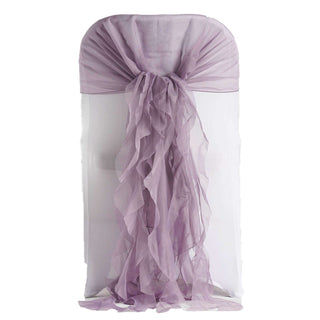 Purple chiffon chair sash draped elegantly on a white backdrop.