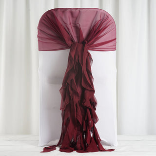 Create a Luxurious Atmosphere with Burgundy Chiffon Hoods and Curly Willow Chair Sashes