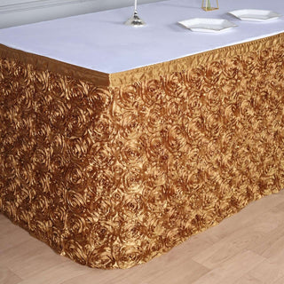 Add a Touch of Elegance with the 21ft Gold Rosette 3D Satin Table Skirt Add a Touch of Elegance with the 21ft Gold Rosette 3D Satin Table Skirt