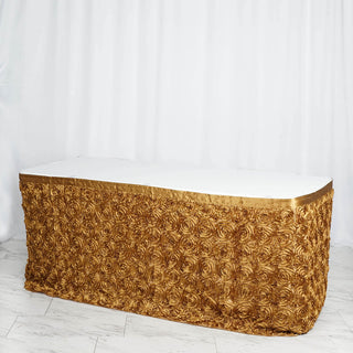 Create a Stunning Atmosphere with the Gold Rosette 3D Satin Table Skirt Create a Stunning Atmosphere with the Gold Rosette 3D Satin Table Skirt