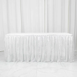 Add Glamour to Your Event with the 17ft Glitzy Silver Sequin Pleated Satin Table Skirt Add Glamour to Your Event with the 17ft Glitzy Silver Sequin Pleated Satin Table Skirt