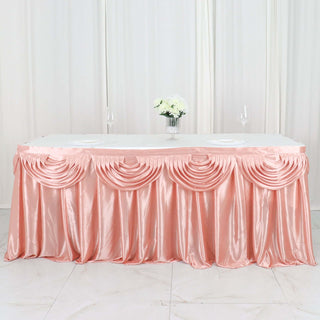 Enhance Your Event Decor with the 14ft Dusty Rose Pleated Satin Double Drape Table Skirt Enhance Your Event Decor with the 14ft Dusty Rose Pleated Satin Double Drape Table Skirt