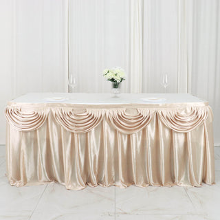 Elevate Your Event Decor with the 14ft Beige Pleated Satin Double Drape Table Skirt