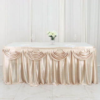 Elevate Your Event Decor with the 14ft Beige Pleated Satin Double Drape Table Skirt Elevate Your Event Decor with the 14ft Beige Pleated Satin Double Drape Table Skirt
