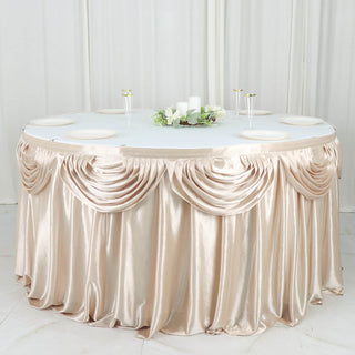Add a Touch of Opulence with the Beige Pleated Satin Double Drape Table Skirt