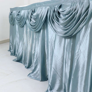 Enhance Your Event Decor with the 14ft Dusty Blue Pleated Satin Double Drape Table Skirt Enhance Your Event Decor with the 14ft Dusty Blue Pleated Satin Double Drape Table Skirt