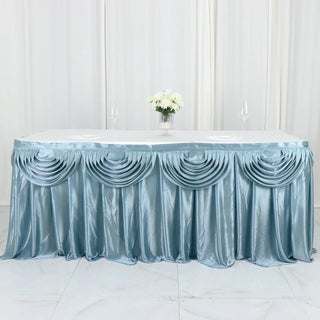Elevate Your Event Decor with the 14ft Dusty Blue Pleated Satin Double Drape Table Skirt