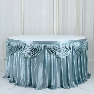 Add Elegance to Your Event with the 14ft Dusty Blue Pleated Satin Double Drape Table Skirt Add Elegance to Your Event with the 14ft Dusty Blue Pleated Satin Double Drape Table Skirt