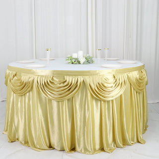 Create a Majestic Setting with the Champagne Pleated Satin Double Drape Table Skirt