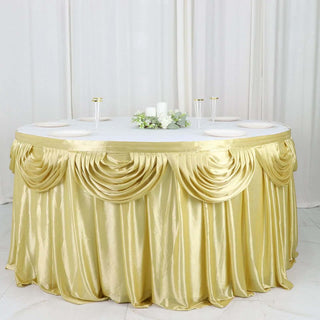 Create a Majestic Setting with the Champagne Pleated Satin Double Drape Table Skirt Create a Majestic Setting with the Champagne Pleated Satin Double Drape Table Skirt