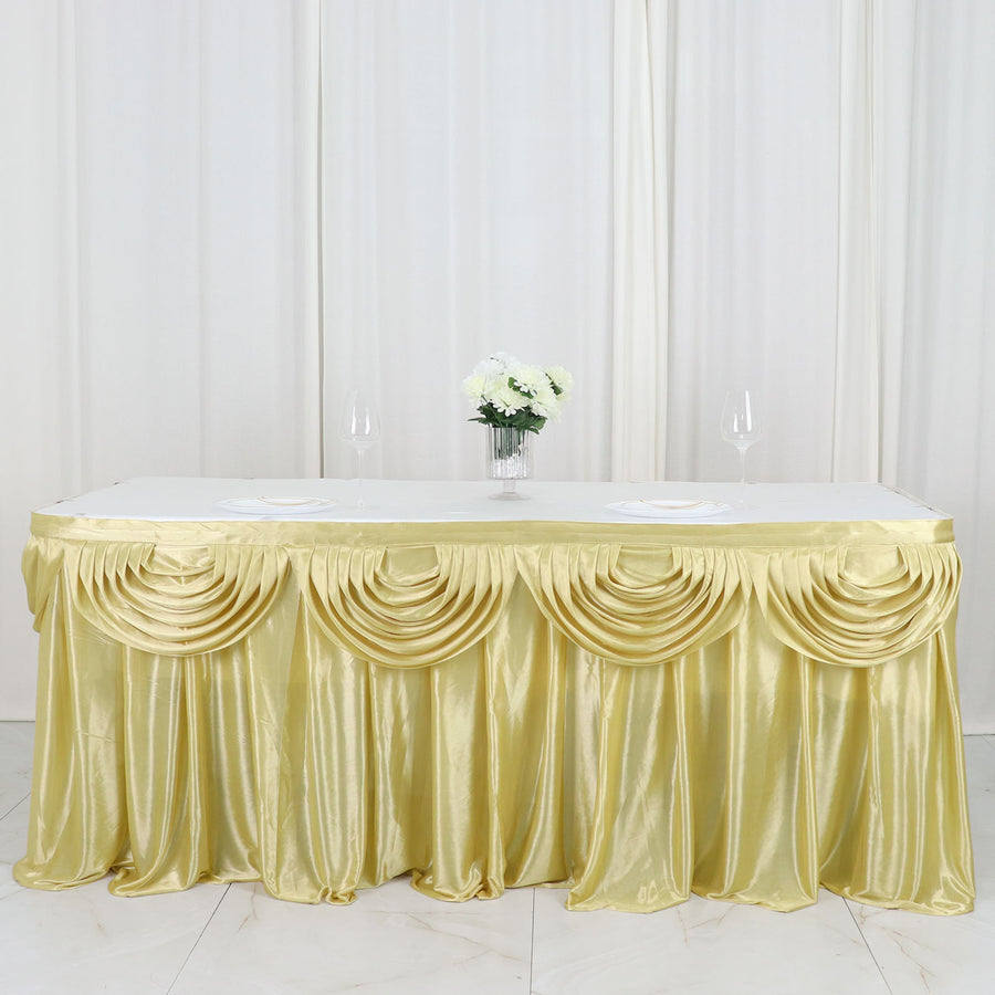 14ft Champagne Pleated Satin Double Drape Table Skirt