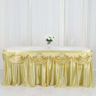 Elegant Champagne Pleated Satin Double Drape Table Skirt for Stunning Event Decor Elegant Champagne Pleated Satin Double Drape Table Skirt for Stunning Event Decor