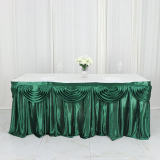 Transform Your Tables with the 14ft Hunter Emerald Green Pleated Satin Double Drape Table Skirt